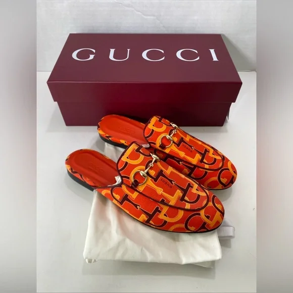 Gucci WOMEN’S ORANGE-RED PRINCETOWN HORSEBIT MULES Shoes EUR 36.5 US 6-6.5 NIB - Picture 1 of 14